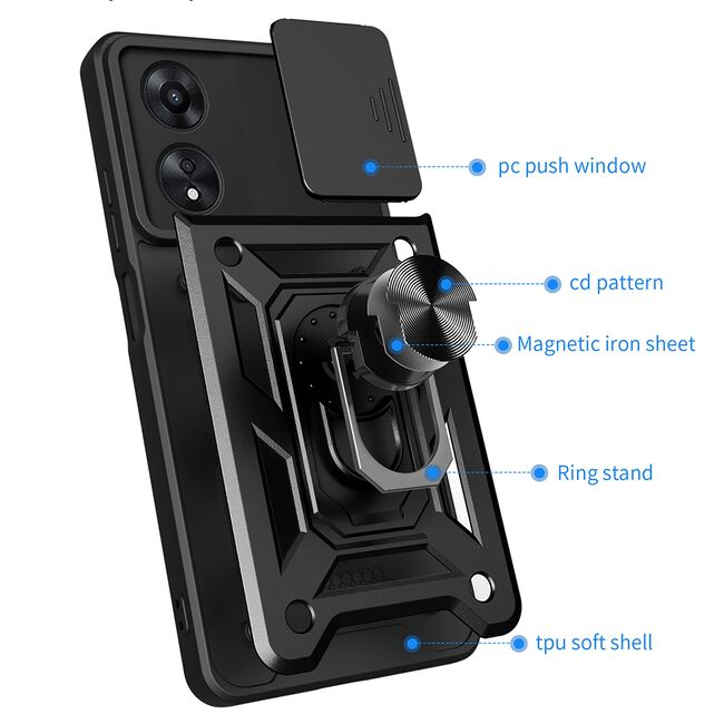 Husa Oppo A58 4G cu inel Ring Armor Kickstand Tough Rugged cu protectie camera - blue