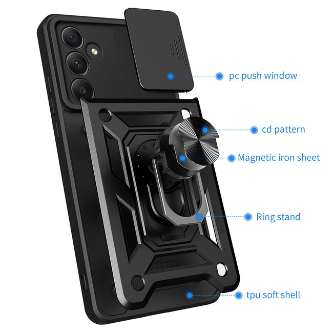 Husa pentru  Samsung Galaxy A35 Ring Armor Kickstand Tough Rugged Cover cu protectie camera, albastru