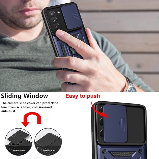 Husa pentru Samsung Galaxy S21 cu inel Ring Armor Kickstand Tough, protectie camera - blue