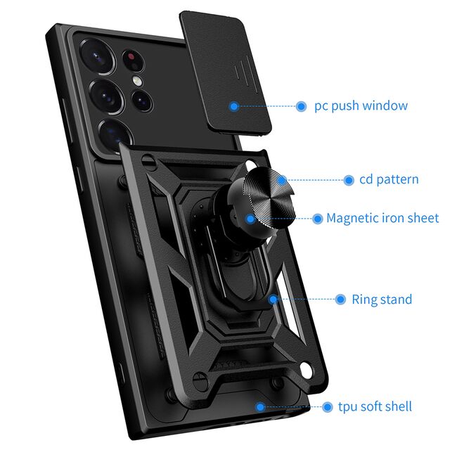 Husa pentru Samsung Galaxy S22 Ultra cu inel Ring Armor Kickstand Tough, protectie camera - blue