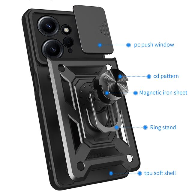 Husa pentru XIAOMI REDMI 12 5G / 4G cu inel Ring Armor Kickstand Tough, protectie camera - blue
