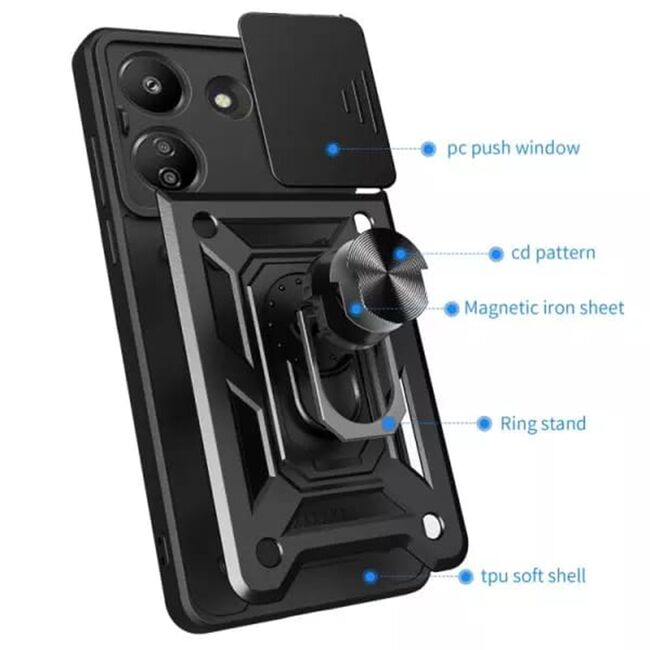 Husa pentru  Xiaomi Redmi 13C 4G Ring Armor Kickstand Tough Rugged Cover cu protectie camera, albastru
