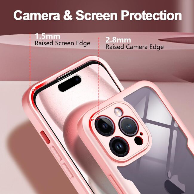 Pachet 360: Husa cu folie integrata pentru iPhone 15 Pro Cover360 fata spate - roz / transparent