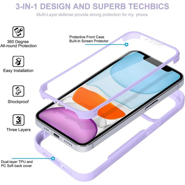 Pachet 360: Husa cu folie integrata pentru iPhone 13 Cover360 fata spate - mov / transparent
