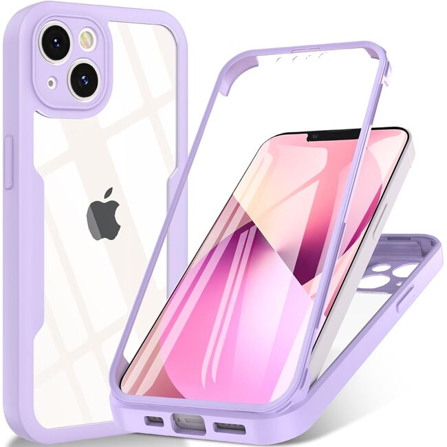 Pachet 360: Husa cu folie integrata pentru iPhone 13 Cover360 fata spate - mov / transparent