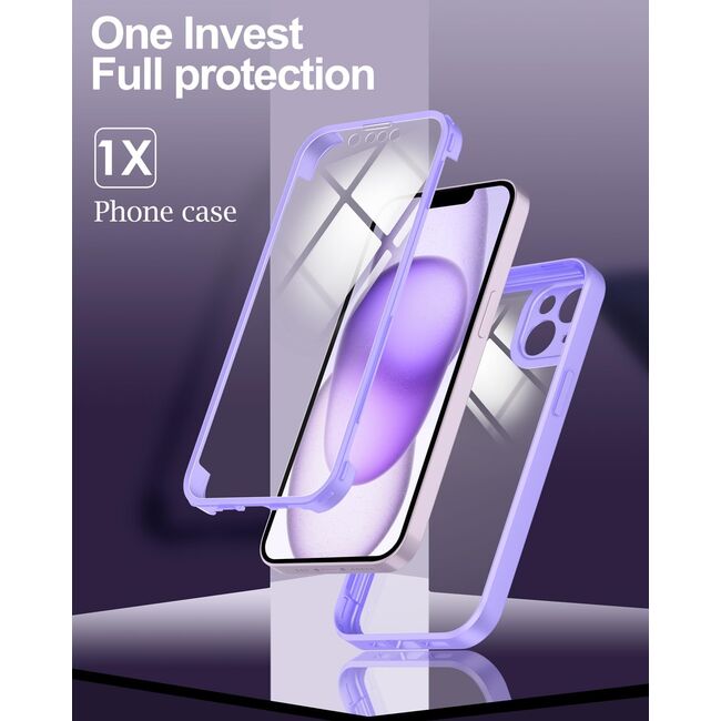Pachet 360: Husa cu folie integrata pentru iPhone 13 Cover360 fata spate - mov / transparent
