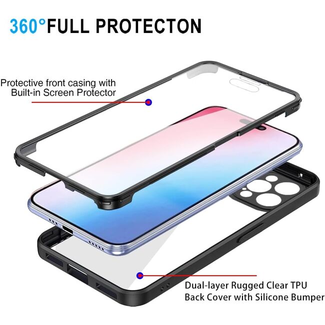 Pachet 360: Husa cu folie integrata pentru iPhone 15 Pro Cover360 fata spate - roz / transparent