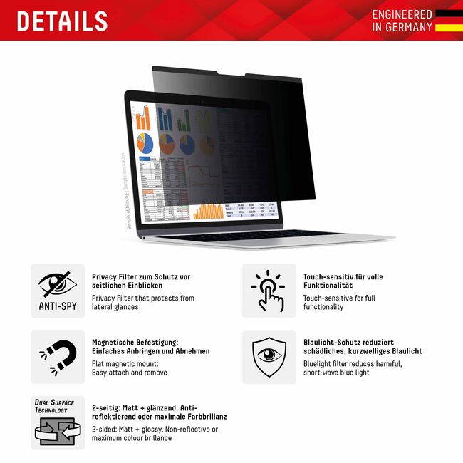 Folie premium MacBook Air 13" (2022 / 2024) Displex Laptop Privacy Safe, negru
