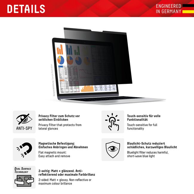 Folie premium MacBook Air 15" (2023 / 2024) Displex Laptop Privacy Safe, negru