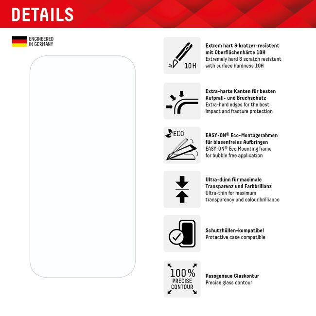 Folie sticla premium iPhone 15 / 15 Pro Displex Real Glass 2D cu aplicator, transparenta