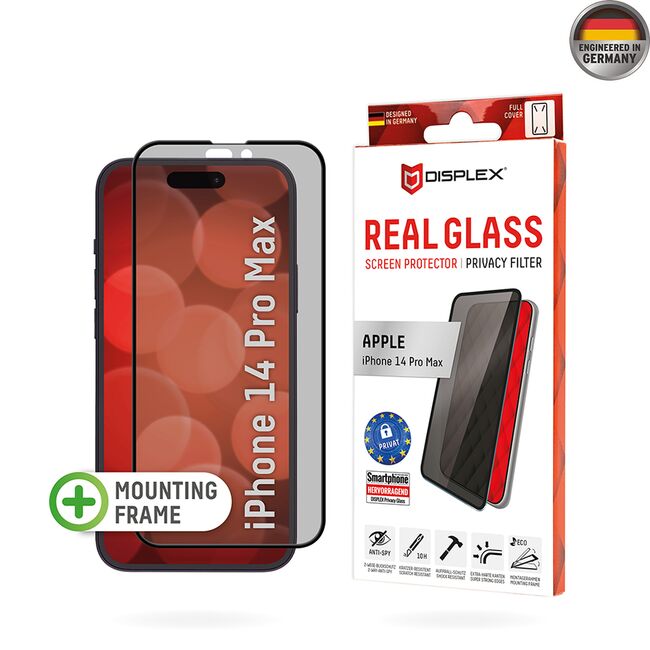 Folie sticla premium iPhone 14 Pro Max Displex Real Glass Privacy Full Cover 10H cu aplicator, negru