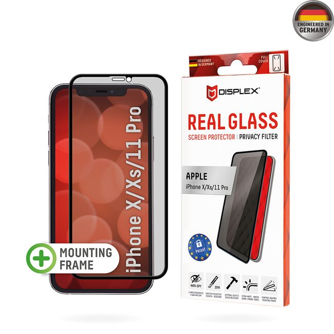 Folie sticla premium iPhone X Displex Real Glass Privacy Full Cover 10H cu aplicator, negru
