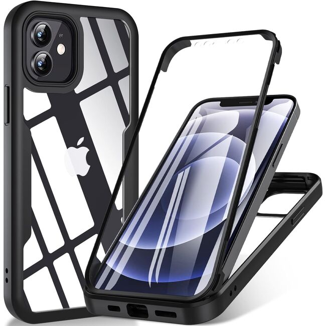 Pachet 360: Husa cu folie integrata pentru iPhone 12 Cover360 fata spate - negru / transparent