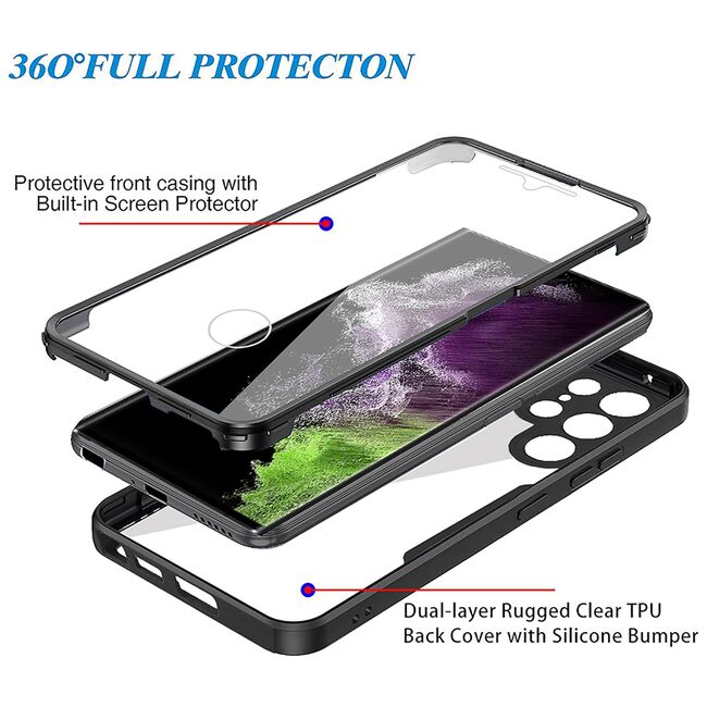 Pachet 360: Husa cu folie integrata pentru Samsung Galaxy S22 Ultra Cover360 fata / spate - negru