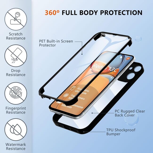 Pachet 360: Husa cu folie integrata pentru Xiaomi Redmi 13C 4G Cover360 fata / spate - blue