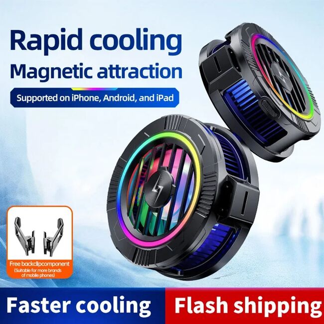 Cooler pentru racire telefon sau tableta, universal, Cooling Semiconductor Radiator Magnetic racire rapida si zgomot redus, Clips detasabil, iluminat RGB, USB-C, negru