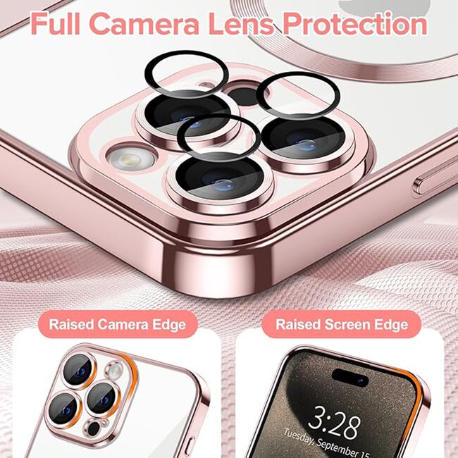 Husa pentru iPhone 15 Pro Max cu MagSafe si protectie pentru lentile anti-shock 1.5 mm - roz