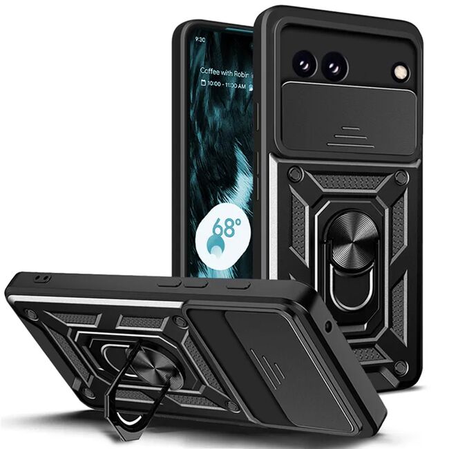 Husa pentru Google Pixel 8a Ring Armor Kickstand Tough Rugged Cover cu protectie camera, negru