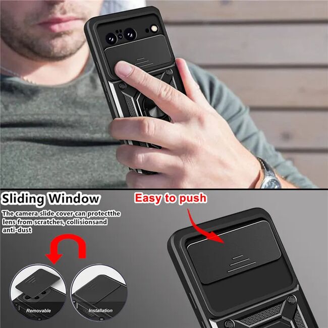 Husa pentru Google Pixel 8a Ring Armor Kickstand Tough Rugged Cover cu protectie camera, negru