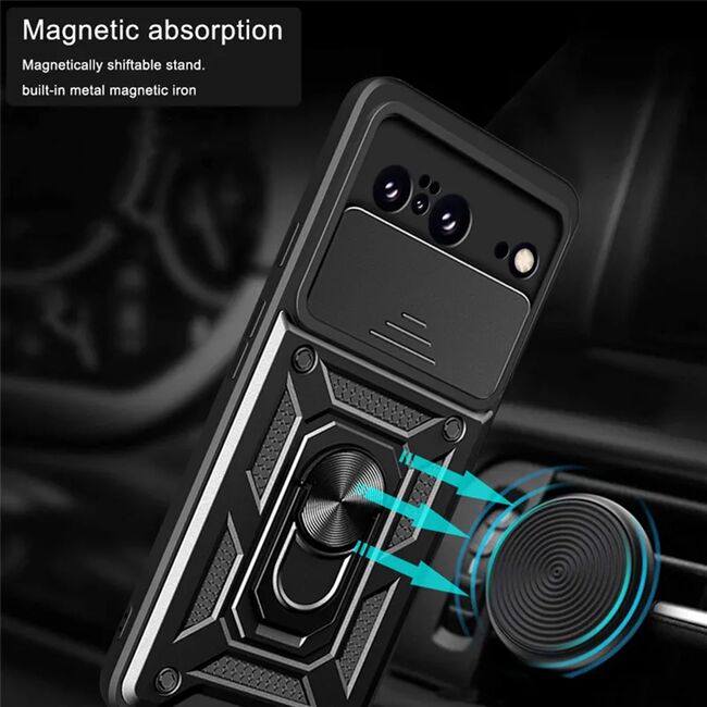 Husa pentru Google Pixel 8a Ring Armor Kickstand Tough Rugged Cover cu protectie camera, negru