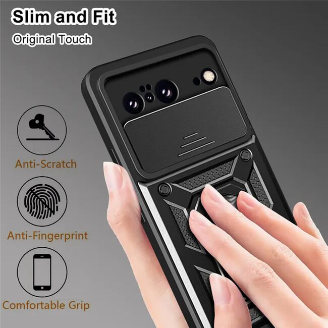 Husa pentru  Google Pixel 9 / 9 Pro Ring Armor Kickstand Tough Rugged Cover cu protectie camera, negru