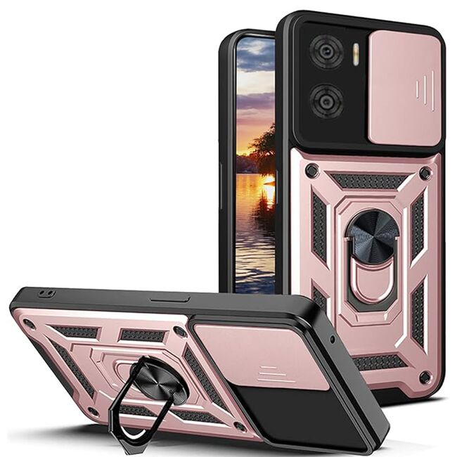 Husa Motorola Moto E22, E22i cu inel Ring Armor Kickstand Tough, protectie camera rose gold