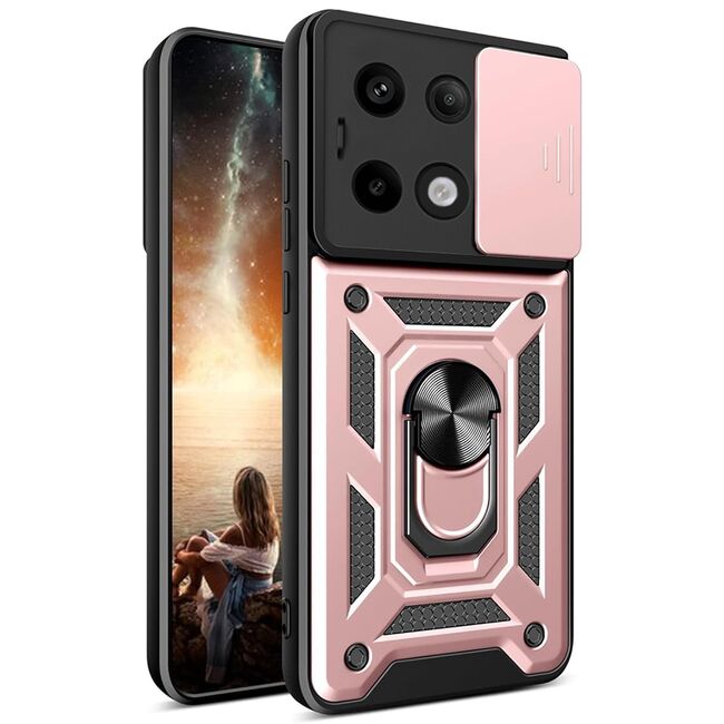Husa pentru  Xiaomi Redmi Note 13 Pro 5G Ring Armor Kickstand Tough Rugged Cover cu protectie camera, rose gold