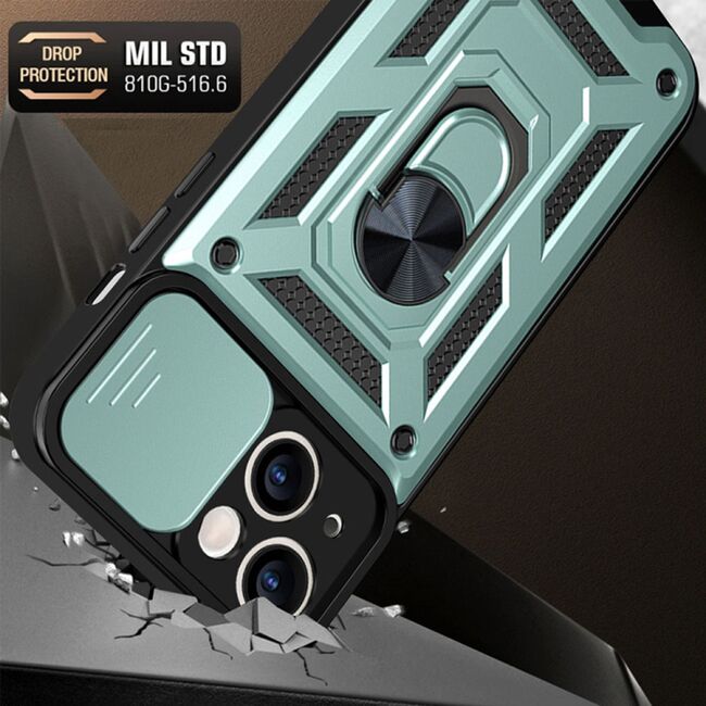 Husa pentru iPhone 13 cu inel Ring Armor Kickstand Tough, protectie camera, verde