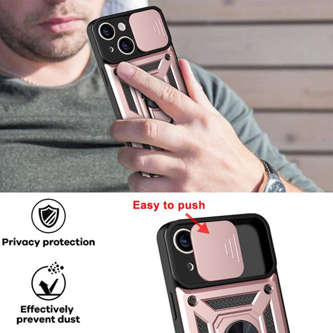 Husa pentru iPhone 13 cu inel Ring Armor Kickstand Tough, protectie camera, rose gold