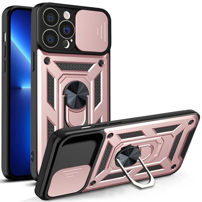 Husa pentru iPhone 13 Pro Max cu inel Ring Armor Kickstand Tough, protectie camera, rose gold