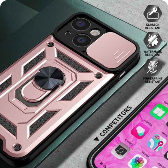 Husa pentru iPhone 14 cu inel Ring Armor Kickstand Tough, protectie camera, rose gold