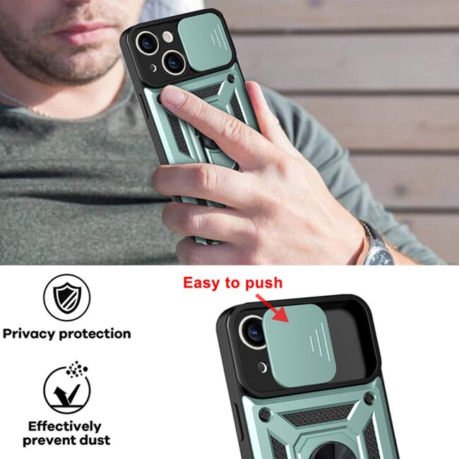 Husa pentru iPhone 14 Pro cu inel Ring Armor Kickstand Tough, protectie camera, verde