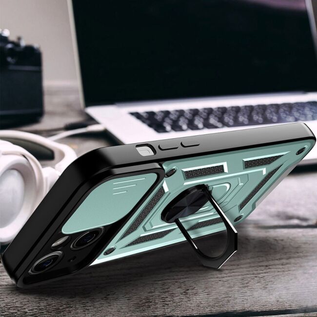 Husa pentru iPhone 14 Pro cu inel Ring Armor Kickstand Tough, protectie camera, verde