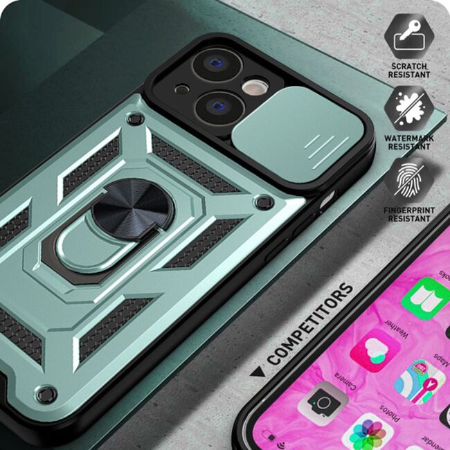 Husa pentru iPhone 14 Pro cu inel Ring Armor Kickstand Tough, protectie camera, verde