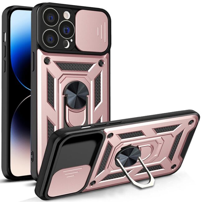 Husa pentru iPhone 14 Pro Max cu inel Ring Armor Kickstand Tough, protectie camera, rose gold