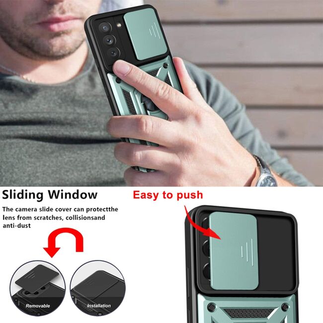 Husa pentru Samsung Galaxy S21 FE cu inel Ring Armor Kickstand Tough, protectie camera, verde