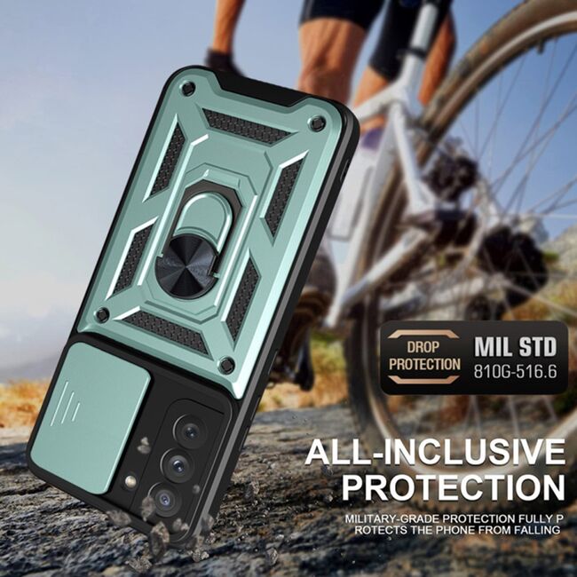 Husa pentru Samsung Galaxy S21 FE cu inel Ring Armor Kickstand Tough, protectie camera, verde