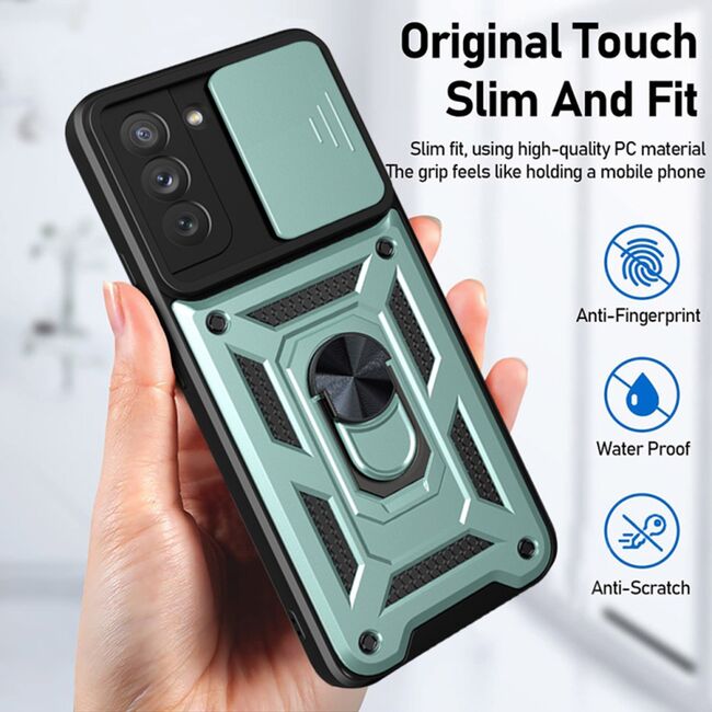 Husa pentru Samsung Galaxy S21 FE cu inel Ring Armor Kickstand Tough, protectie camera, verde