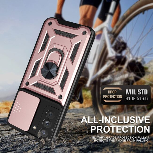 Husa pentru Samsung Galaxy S21 FE cu inel Ring Armor Kickstand Tough, protectie camera, rose gold