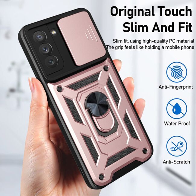 Husa pentru Samsung Galaxy S21 FE cu inel Ring Armor Kickstand Tough, protectie camera, rose gold