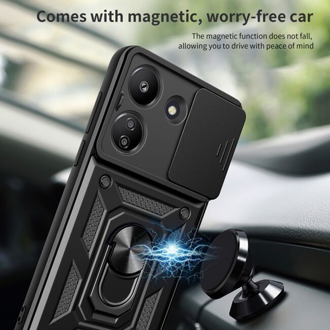 Husa pentru  Xiaomi Redmi 13C 4G Ring Armor Kickstand Tough Rugged Cover cu protectie camera, verde