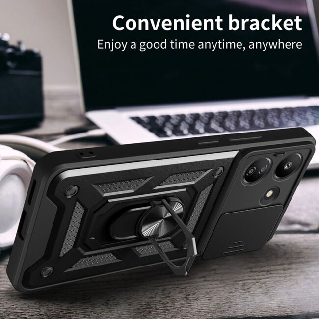 Husa pentru  Xiaomi Redmi 13C 4G Ring Armor Kickstand Tough Rugged Cover cu protectie camera, verde