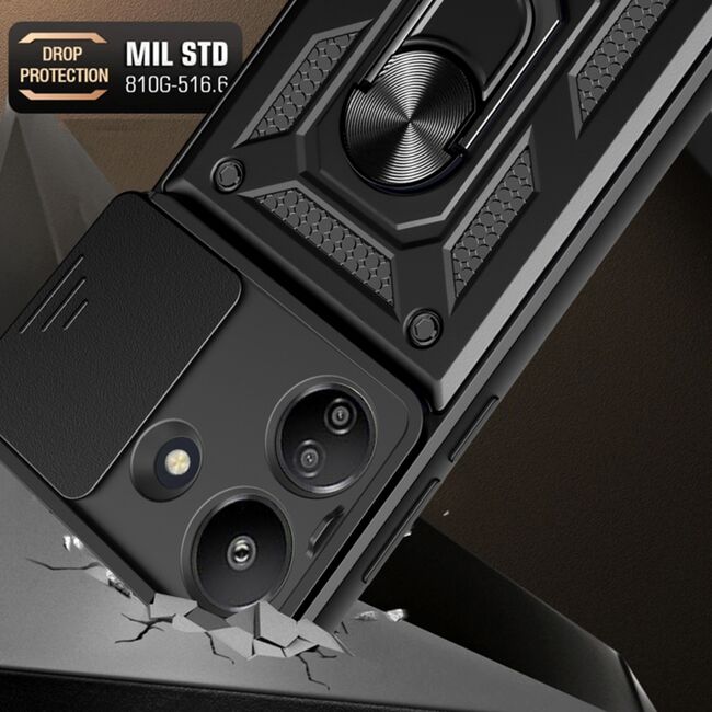 Husa pentru  Xiaomi Redmi 13C 4G Ring Armor Kickstand Tough Rugged Cover cu protectie camera, roz