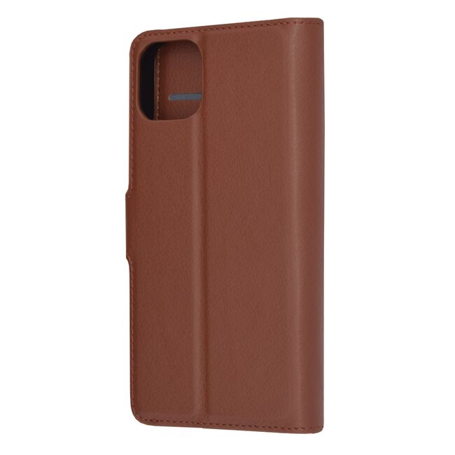 Husa pentru  iPhone 13 tip carte cu inchidere magnetica, compartimente pentru carduri si functie stand, maro
