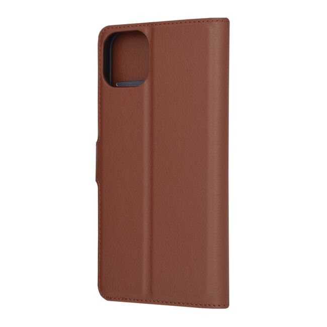 Husa pentru  iPhone 15 Plus tip carte cu inchidere magnetica, compartimente pentru carduri si functie stand, maro