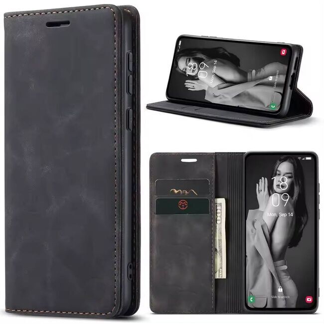 Husa tip carte pentru Realme 12+ Retro Business cu inchidere magnetica, negru