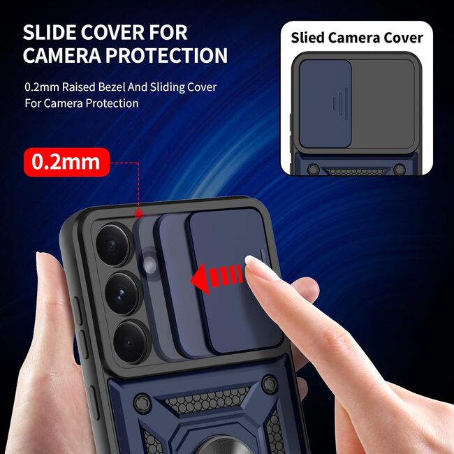 Husa pentru Samsung Galaxy A55 cu inel Ring Armor Kickstand Tough, protectie camera - blue