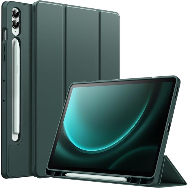 Husa pentru Samsung Galaxy Tab S9 Plus / S9 FE Plus, Tab S10 Plus 12.4 inch Soft Shell UltraSlim tip stand, functie sleep/wake-up si slot pentru S-Pen, verde inchis