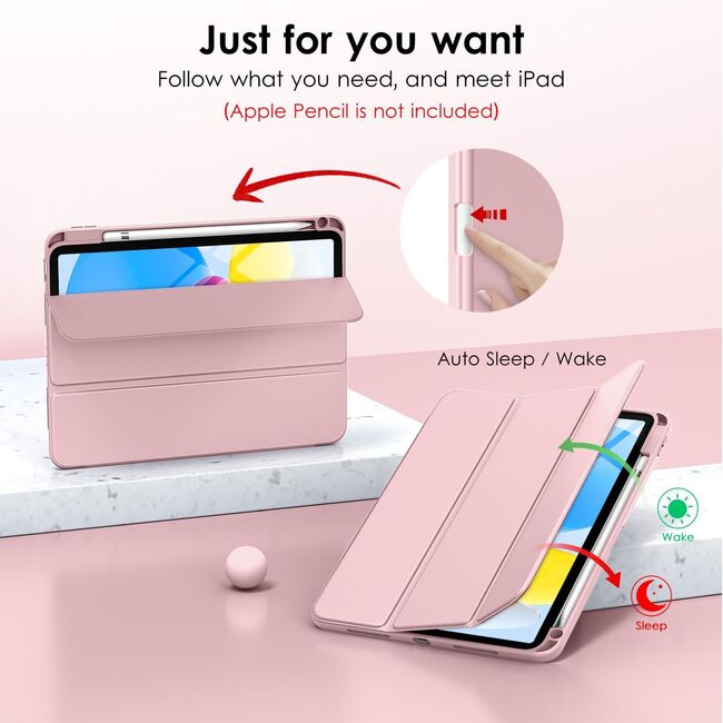 Husa pentru iPad 11 2025, iPad 10 2022 Soft Shell cu functie wake-up/sleep si compartiment pentru Apple Pen, tip stand, roz