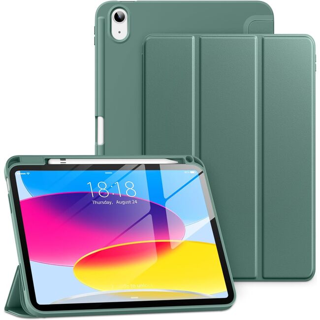 Husa pentru iPad 10 2022 10.9 inch Soft Shell cu functie wake-up/sleep si compartiment pentru Apple Pen, tip stand, verde inchis